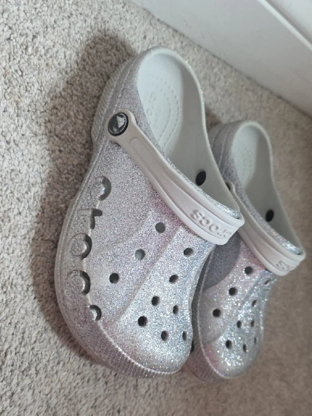 CROCS Kids Silver Glitter Clogs with White Strap